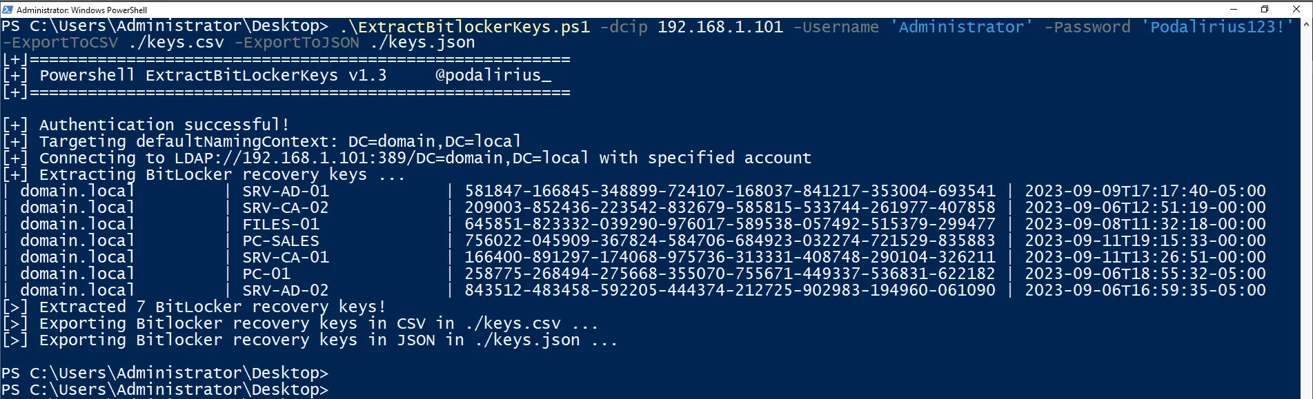 ExtractBitlockerKeys 自动从域中提取Bitlocker 恢复密钥 